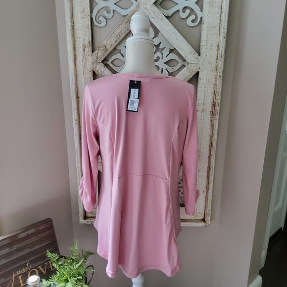 Times Two Maternity Ruched 3/4 Sleeve Pullover Babydoll Tunic Top in Pink - Picture 3 of 9